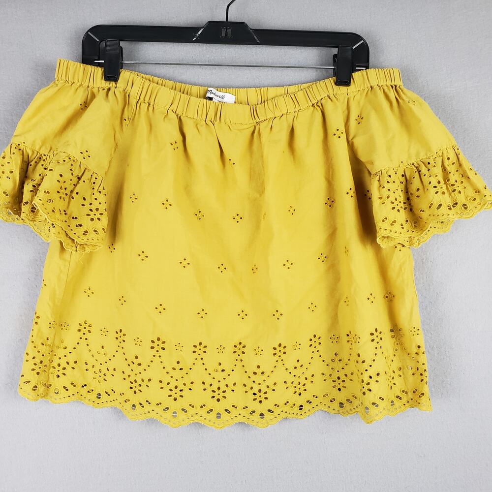 Madewell Size M Eyelet Lace Off Shoulder Top Golden Yellow Floaty Bell‎ Sleeve